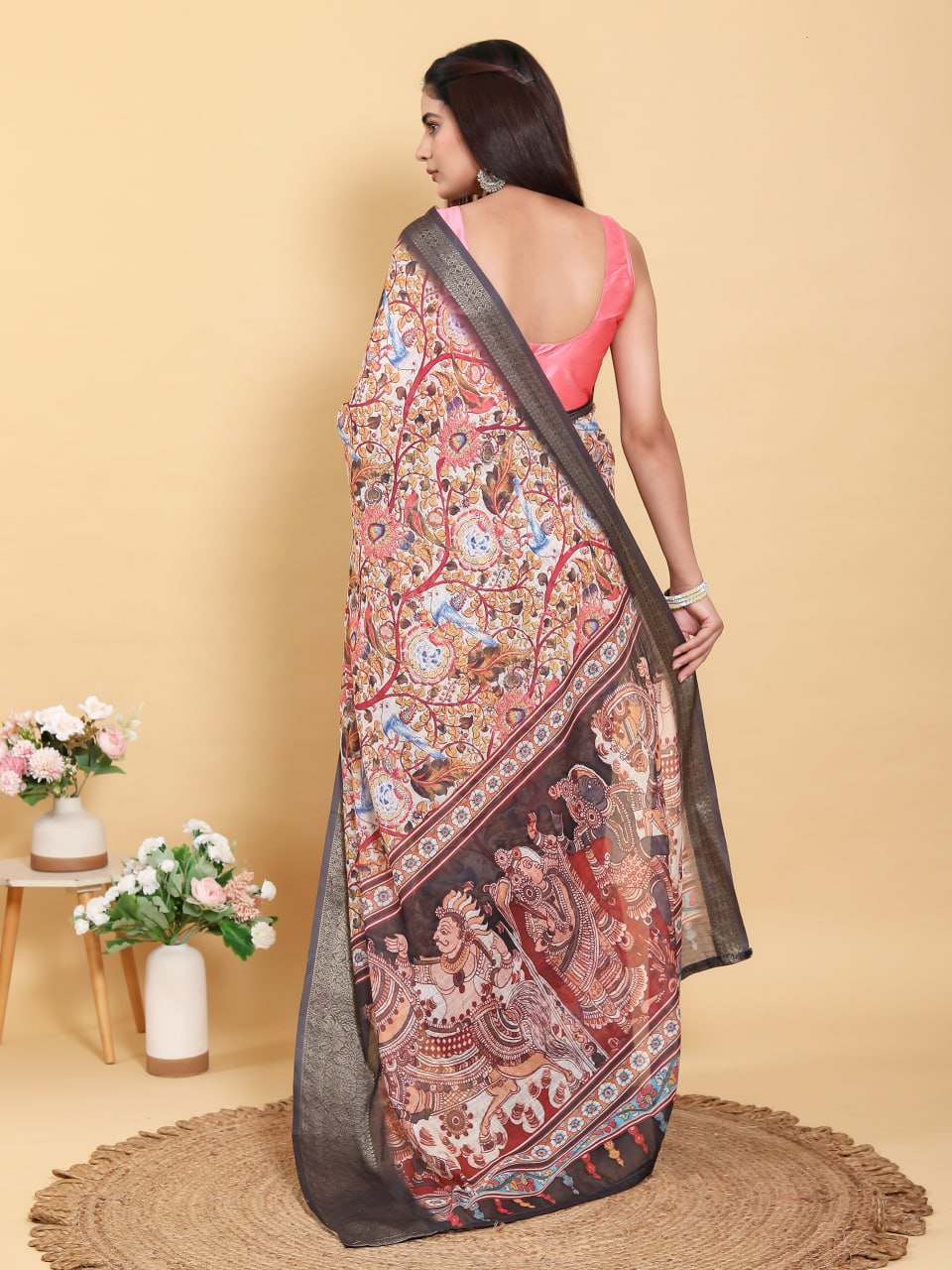 Artistic Pink Linen Cotton Saree | Multi-Print Kalamkari & Fresco Design
